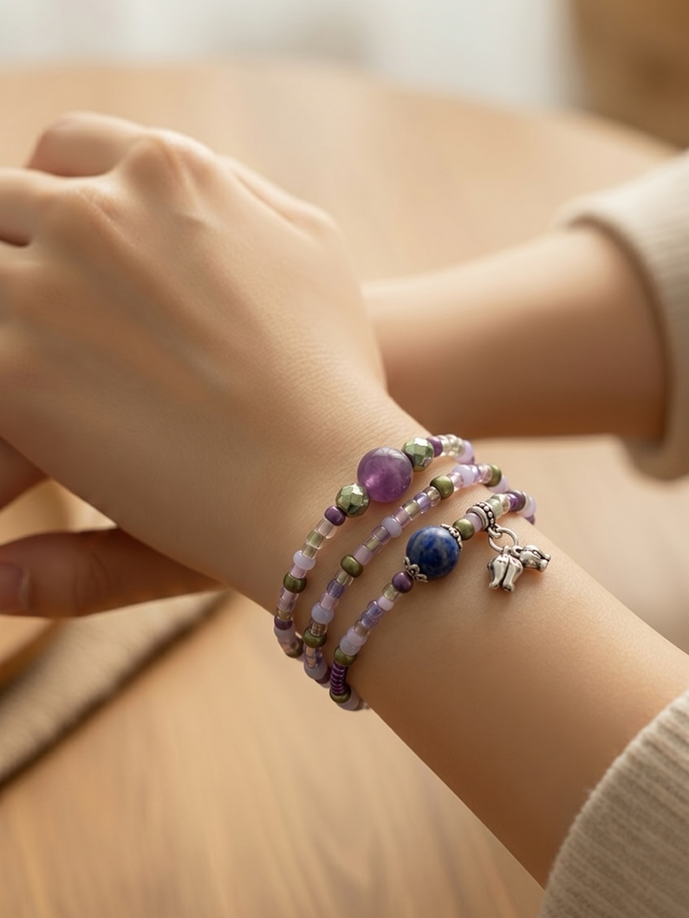 Purple Beaded Wrap Bracelet with flower Charms